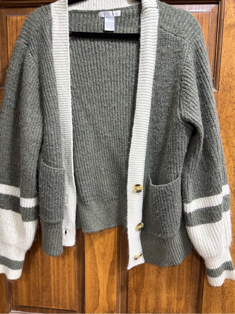 Design History Olive Green and Cream Button Cardigan with Gold Buttons